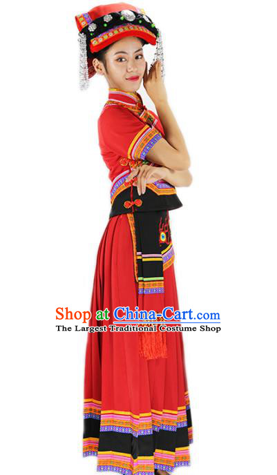 Chinese Yi Minority Red Outfits Clothing Ethnic Folk Dance Costume Nationality Woman Wedding Dress