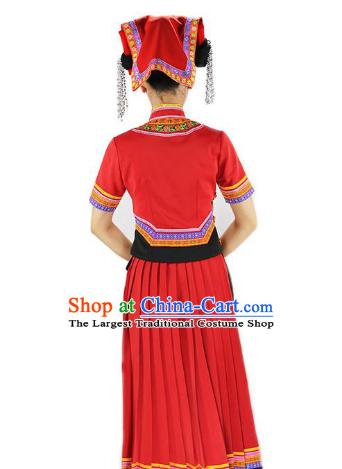 Chinese Yi Minority Red Outfits Clothing Ethnic Folk Dance Costume Nationality Woman Wedding Dress