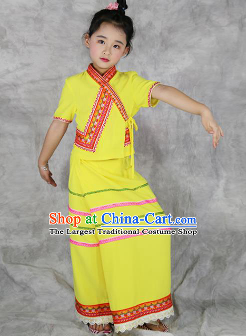 China Yunnan Province Ethnic Minority Children Yellow Outfits Dai Nationality Costumes