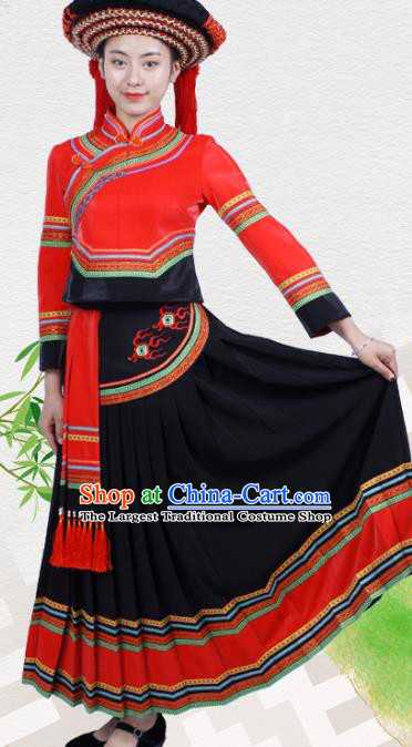 Chinese Yi Nationality Wedding Dress Hani Minority Red Outfits Clothing Ethnic Folk Dance Costume and Headwear