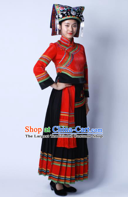 Chinese Yi Nationality Wedding Dress Hani Minority Red Outfits Clothing Ethnic Folk Dance Costume and Headwear