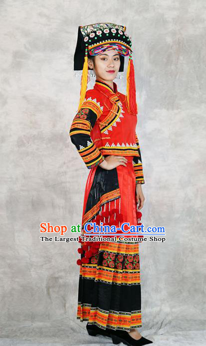 Chinese Minority Folk Dance Red Outfits Clothing Ethnic Bride Costume Yi Nationality Wedding Dress and Headwear