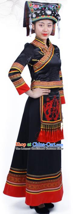 Chinese Ethnic Nationality Woman Dress Costume Yi Minority Folk Dance Black Outfits Clothing and Hat
