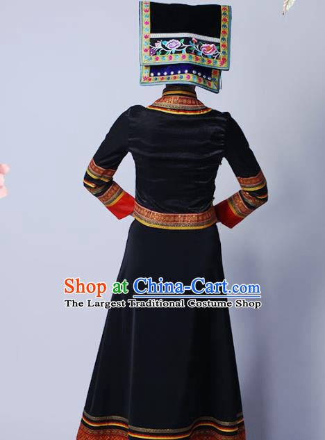 Chinese Ethnic Nationality Woman Dress Costume Yi Minority Folk Dance Black Outfits Clothing and Hat