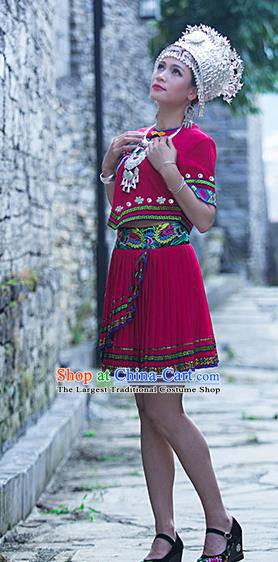Chinese Dong Nationality Young Lady Dress Clothing Ethnic Folk Dance Rosy Outfits and Silver Hat