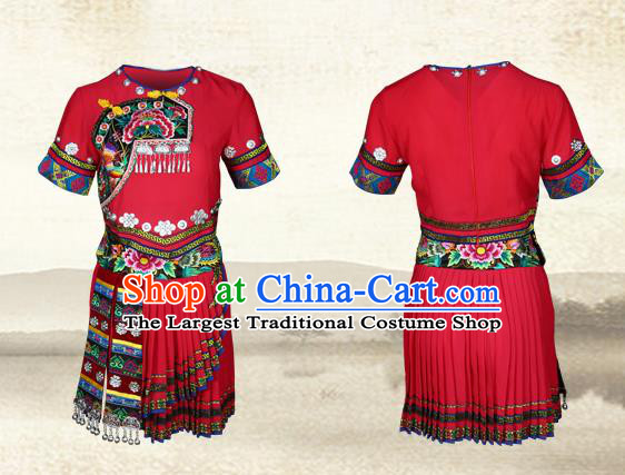 Chinese Dong Nationality Young Lady Dress Clothing Ethnic Folk Dance Rosy Outfits and Silver Hat