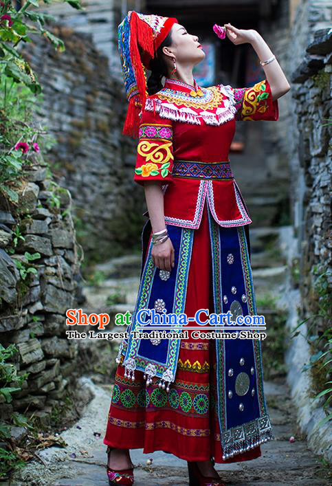 Chinese Yao Nationality Stage Show Dress Clothing Ethnic Wedding Bride Red Outfits and Headwear