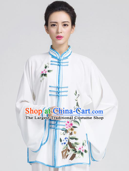 China Traditional Embroidered White Outfits Top Kung Fu Tai Chi Competition Costume