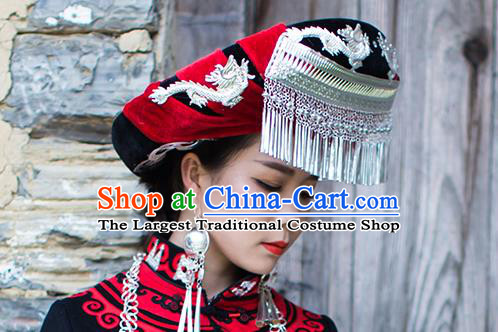 China Traditional Yi Nationality Bride Silver Tassel Hat Liangshan Ethnic Minority Bride Headwear