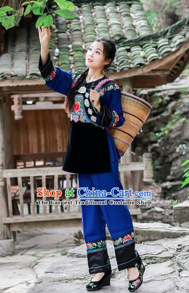 Chinese Xiangxi Hmong Ethnic Folk Dance Blue Outfits Miao Nationality Informal Clothing