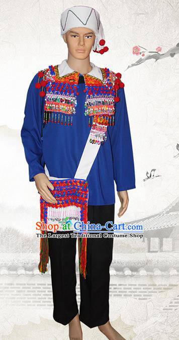 China De Ang Nationality Folk Dance Costumes Yunnan Deang Ethnic Minority Bridegroom Clothing and Hat
