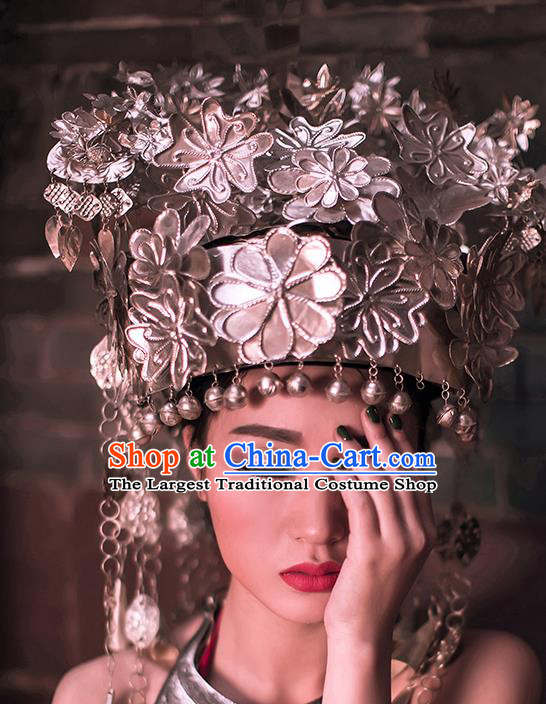 China Traditional Miao Nationality Wedding Silver Bells Hat Hmong Bride Phoenix Coronet Headwear