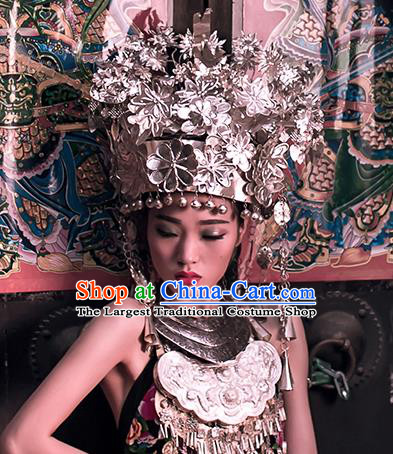 China Traditional Miao Nationality Wedding Silver Bells Hat Hmong Bride Phoenix Coronet Headwear