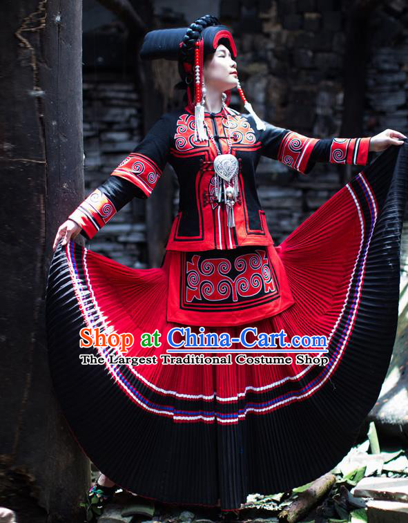 Chinese Yi Nationality Folk Dance Dress Clothing Ethnic Torch Festival Stage Performance Outfits Costumes and Hat