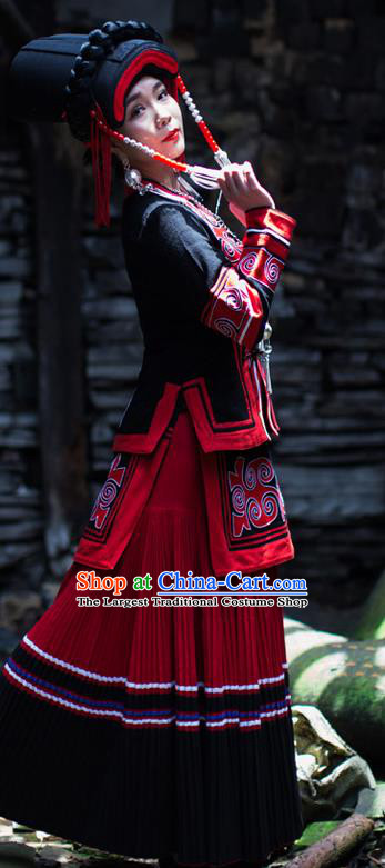 Chinese Yi Nationality Folk Dance Dress Clothing Ethnic Torch Festival Stage Performance Outfits Costumes and Hat