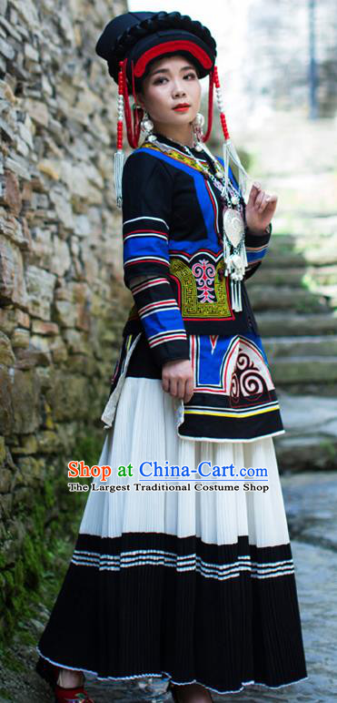 Chinese Ethnic Torch Festival Stage Performance Outfits Costumes Yi Nationality Folk Dance Dress Clothing and Hat