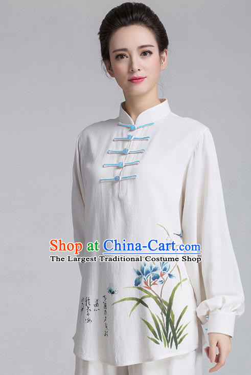 China Hand Painting Orchids White Flax Uniforms Traditional Martial Arts Tai Chi Clothing