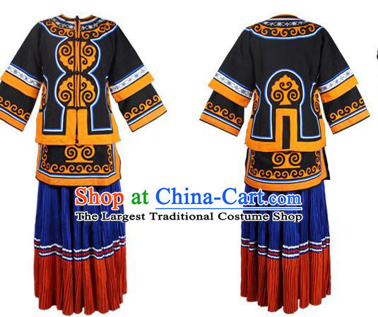 Chinese Ethnic Woman Folk Dance Outfits Costumes Yi Nationality Dress Stage Show Clothing and Beads Tassel Black Hat