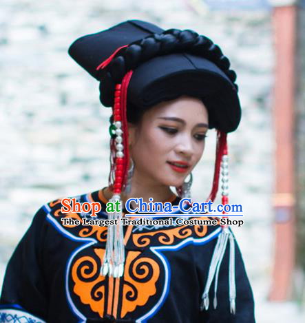 China Liangshan Ethnic Minority Black Tile Headwear Traditional Yi Nationality Tassel Hat for Women