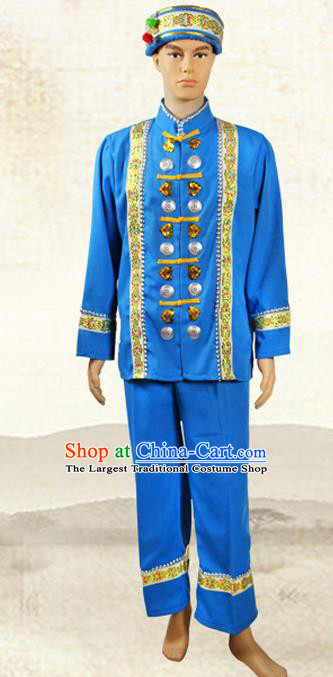China Jingpo Nationality Folk Dance Costumes Yunnan Province Chingpo Ethnic Minority Man Blue Outfits and Hat