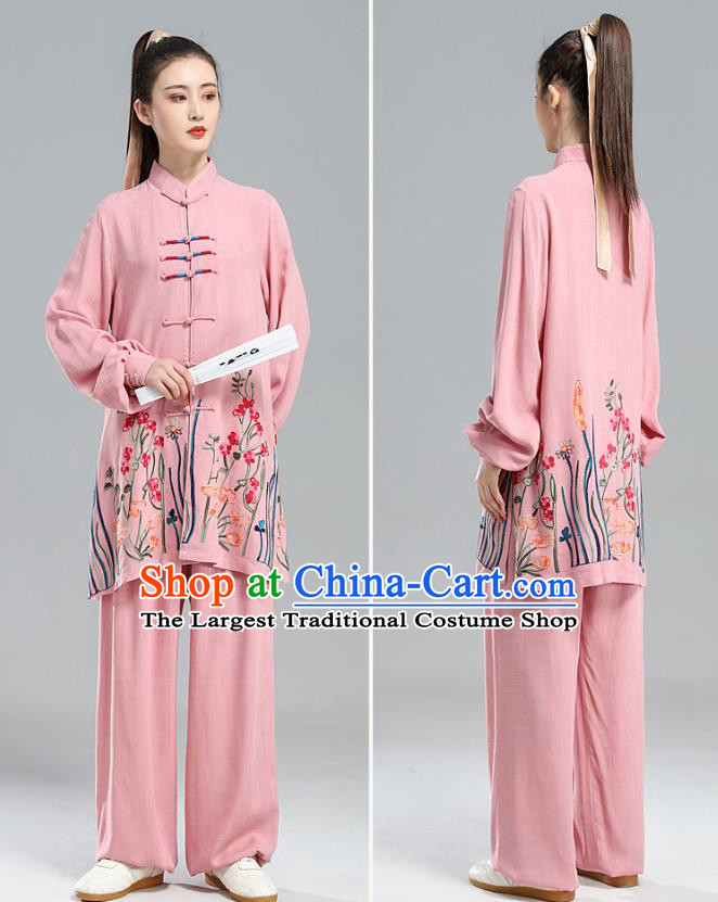 China Martial Arts Competition Pink Uniforms Tai Chi Performance Clothing Kung Fu Embroidered Costumes