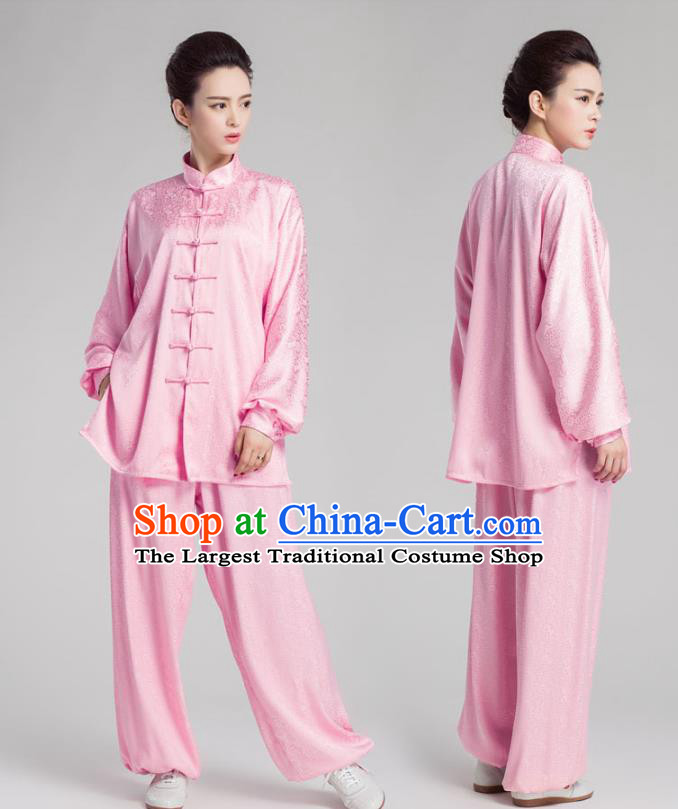 China Traditional Tai Chi Performance Pink Silk Uniforms Kung Fu Training Costumes