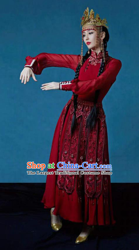 Chinese Xinjiang Ethnic Nationality Stage Performance Costume Uyghur Minority Folk Dance Red Dress