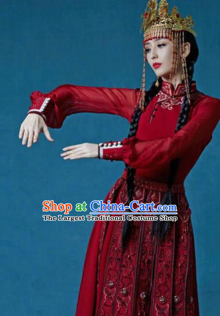 Chinese Xinjiang Ethnic Nationality Stage Performance Costume Uyghur Minority Folk Dance Red Dress