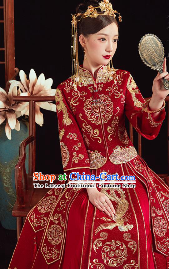 Chinese Traditional Wedding Clothing Bride Embroidered Costumes Classical Xiuhe Suit Red Outfits