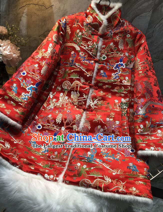 China Winter Woman Red Brocade Cotton Padded Jacket Traditional Tang Suit Outer Garment