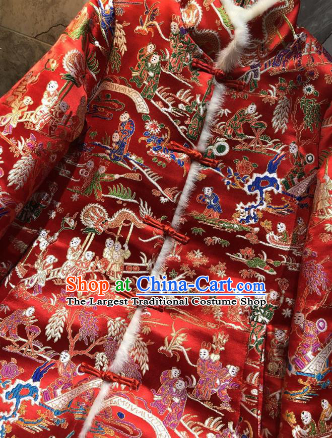 China Winter Woman Red Brocade Cotton Padded Jacket Traditional Tang Suit Outer Garment