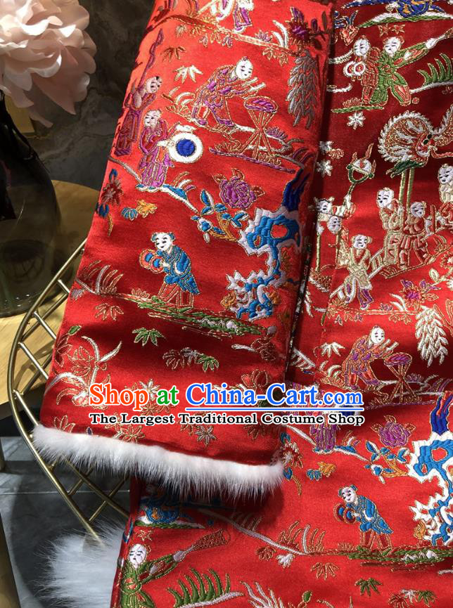 China Winter Woman Red Brocade Cotton Padded Jacket Traditional Tang Suit Outer Garment