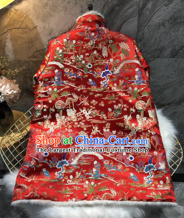 China Winter Woman Red Brocade Cotton Padded Jacket Traditional Tang Suit Outer Garment