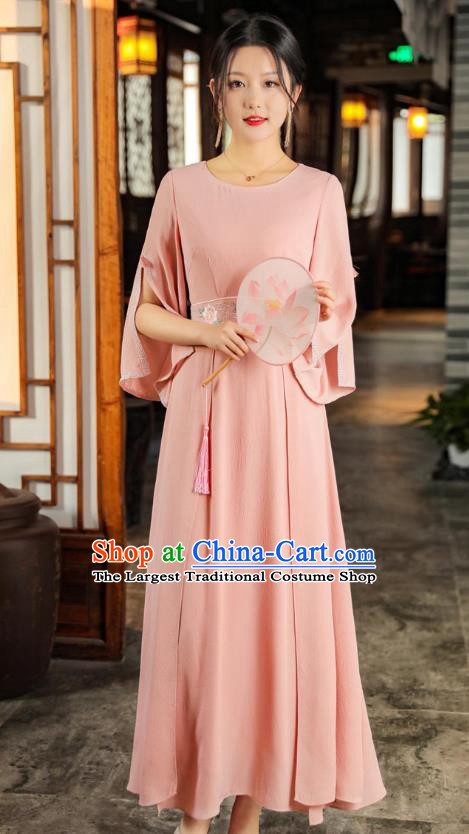 Chinese Traditional Qipao Dress National Embroidered Pink Dress Clothing