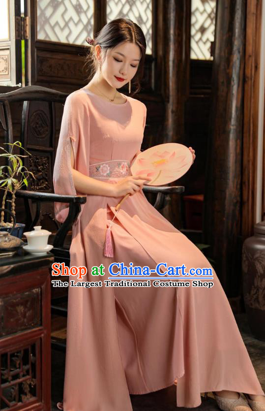 Chinese Traditional Qipao Dress National Embroidered Pink Dress Clothing