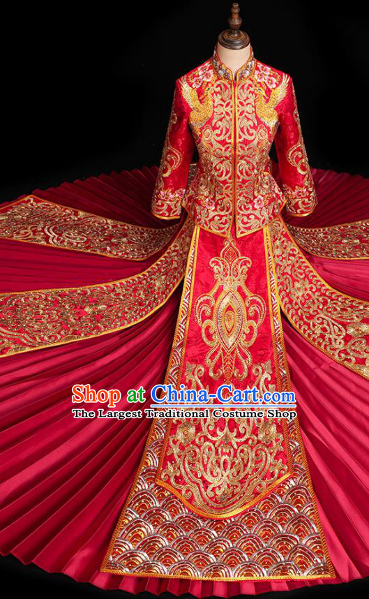 Chinese Traditional Wedding Embroidered Clothing Classical Bride Toast Costumes Xiuhe Suit Drilling Red Outfits