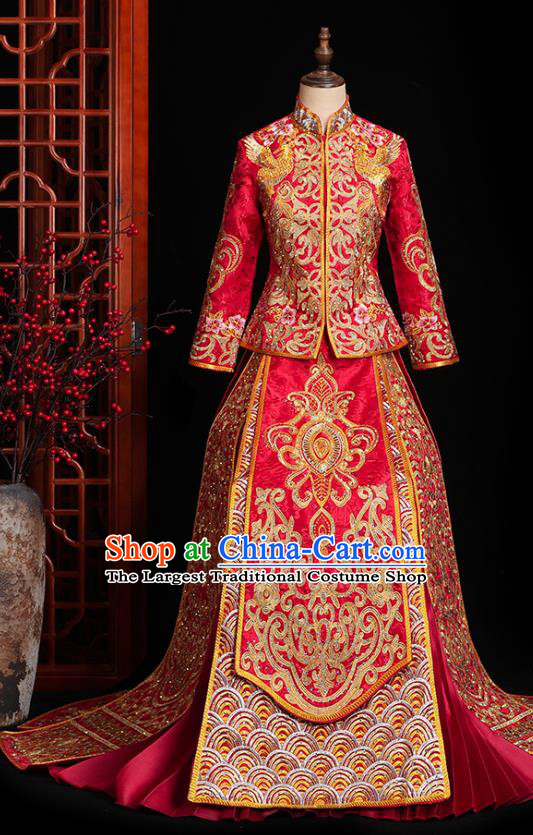 Chinese Traditional Wedding Embroidered Clothing Classical Bride Toast Costumes Xiuhe Suit Drilling Red Outfits