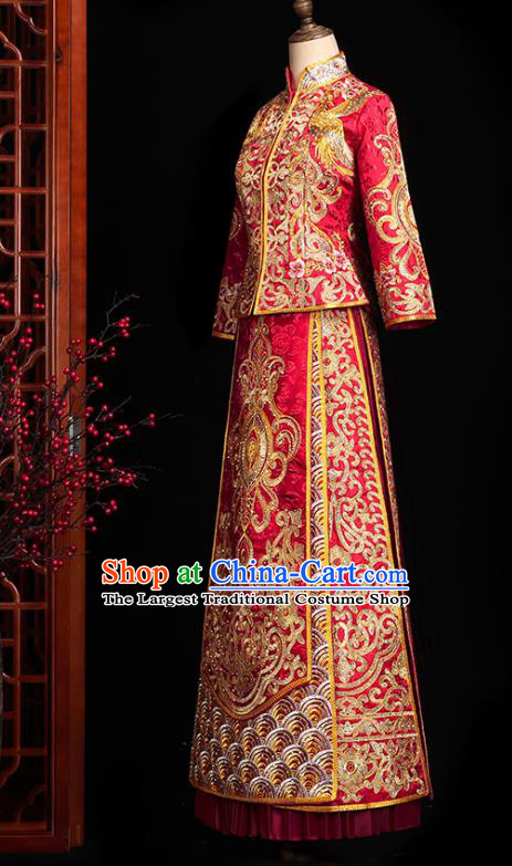 Chinese Traditional Wedding Embroidered Clothing Classical Bride Toast Costumes Xiuhe Suit Drilling Red Outfits