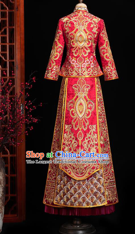 Chinese Traditional Wedding Embroidered Clothing Classical Bride Toast Costumes Xiuhe Suit Drilling Red Outfits