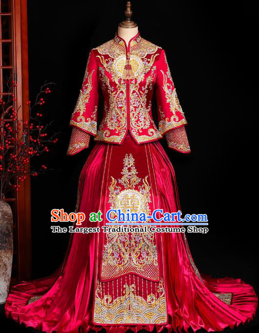 Chinese Traditional Xiuhe Suit Drilling Red Outfits Wedding Embroidered Clothing Classical Bride Toast Costumes