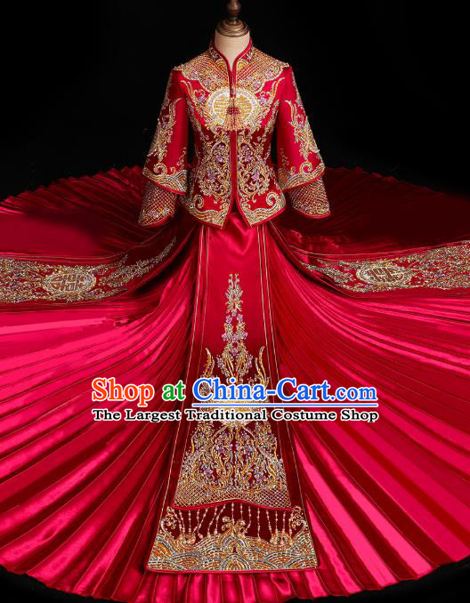 Chinese Traditional Xiuhe Suit Drilling Red Outfits Wedding Embroidered Clothing Classical Bride Toast Costumes