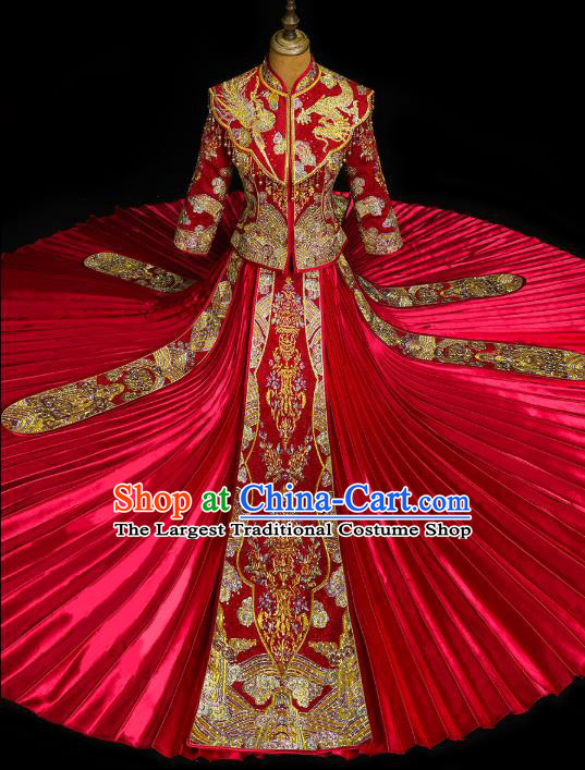 Chinese Classical Bride Toast Costumes Traditional Xiuhe Suit Drilling Red Outfits Wedding Embroidered Clothing