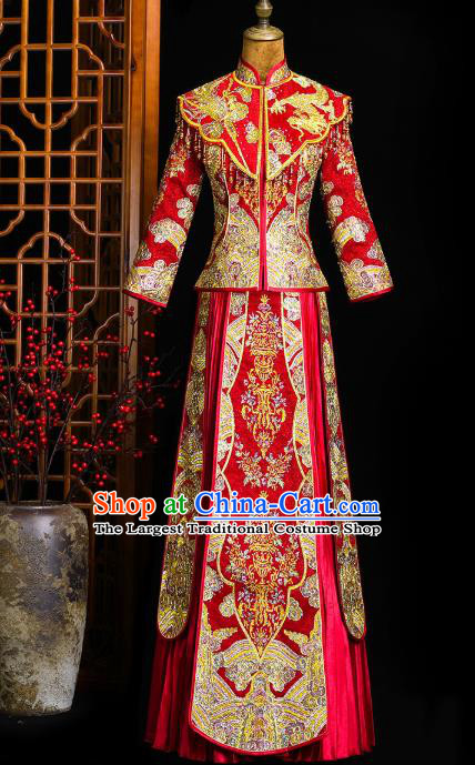 Chinese Classical Bride Toast Costumes Traditional Xiuhe Suit Drilling Red Outfits Wedding Embroidered Clothing