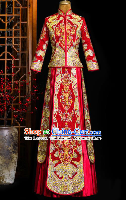 Chinese Classical Bride Toast Costumes Traditional Xiuhe Suit Drilling Red Outfits Wedding Embroidered Clothing