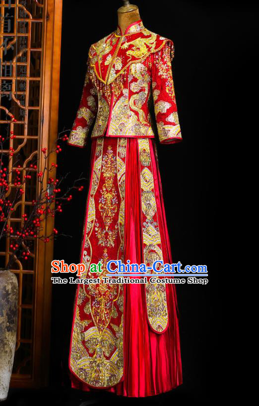 Chinese Classical Bride Toast Costumes Traditional Xiuhe Suit Drilling Red Outfits Wedding Embroidered Clothing