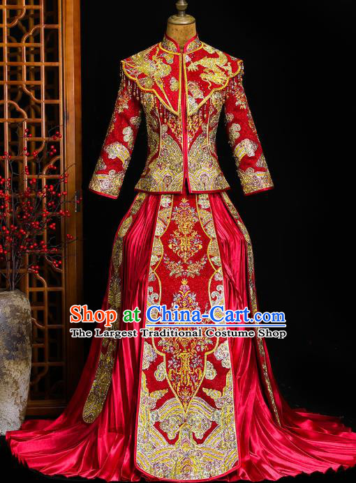 Chinese Classical Bride Toast Costumes Traditional Xiuhe Suit Drilling Red Outfits Wedding Embroidered Clothing