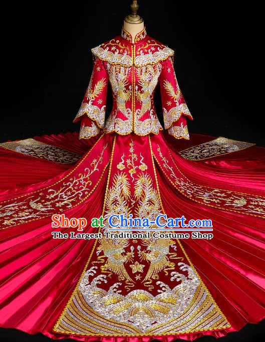 Chinese Wedding Embroidered Red Clothing Classical Bride Toast Costumes Traditional Xiuhe Suit Drilling Phoenix Outfits