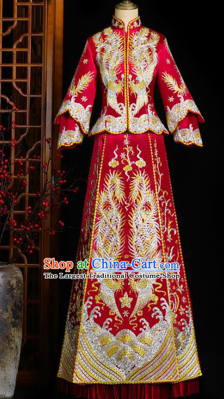 Chinese Wedding Embroidered Red Clothing Classical Bride Toast Costumes Traditional Xiuhe Suit Drilling Phoenix Outfits