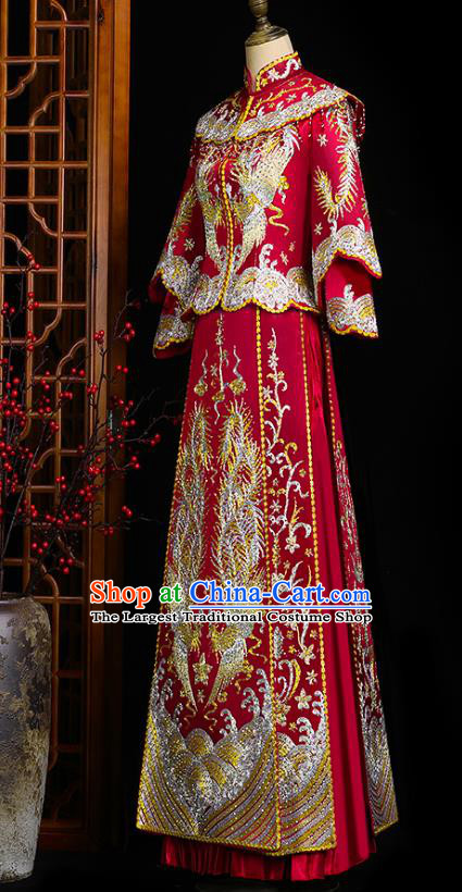 Chinese Wedding Embroidered Red Clothing Classical Bride Toast Costumes Traditional Xiuhe Suit Drilling Phoenix Outfits