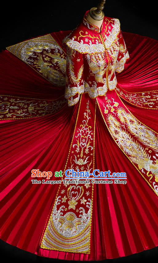 Chinese Wedding Embroidered Red Clothing Classical Bride Toast Costumes Traditional Xiuhe Suit Drilling Phoenix Outfits